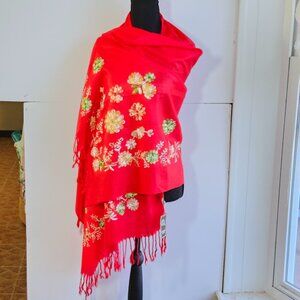 27 X 66" plus fringe 100% acrylic lightweight Red/embroidered floral shawl